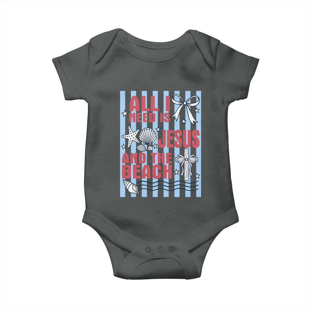 All I Need Is Jesus And The Beach Baby Onesie Striped Christian Summer Graphic TS12 Dark Heather Print Your Wear