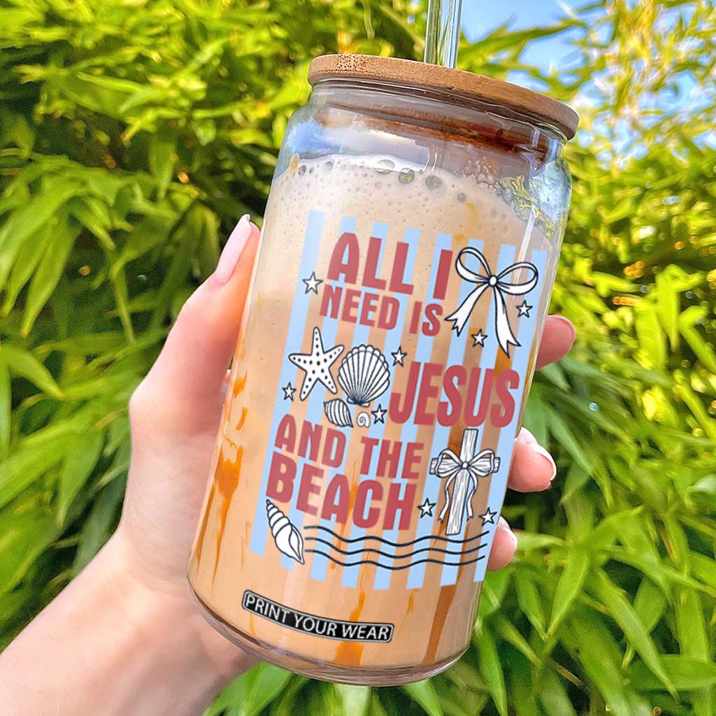 All I Need Is Jesus And The Beach Glass Can Striped Christian Summer Graphic TS12 White Print Your Wear