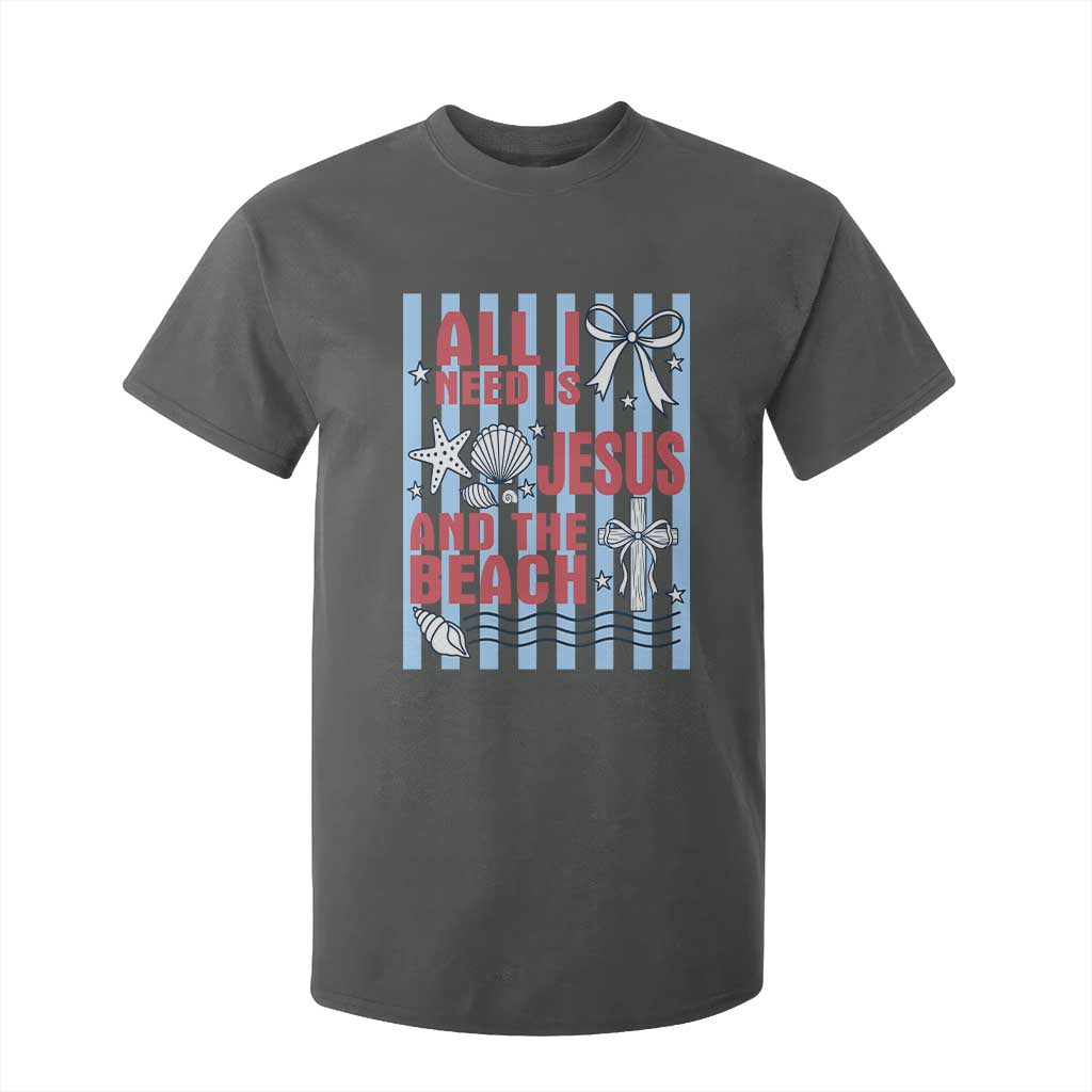 All I Need Is Jesus And The Beach T Shirt For Kid Striped Christian Summer Graphic TS12 Dark Heather Print Your Wear