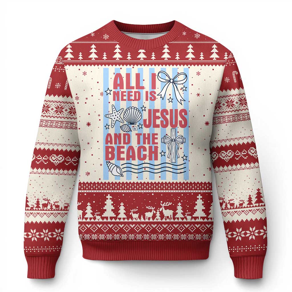 All I Need Is Jesus And The Beach Ugly Christmas Sweater Striped Christian Summer Graphic TS12 Beige Red Print Your Wear