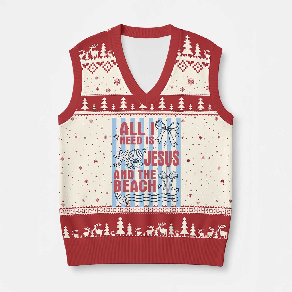 All I Need Is Jesus And The Beach V-Neck Knit Sweater Vest Striped Christian Summer Graphic TS12 Beige Red Print Your Wear