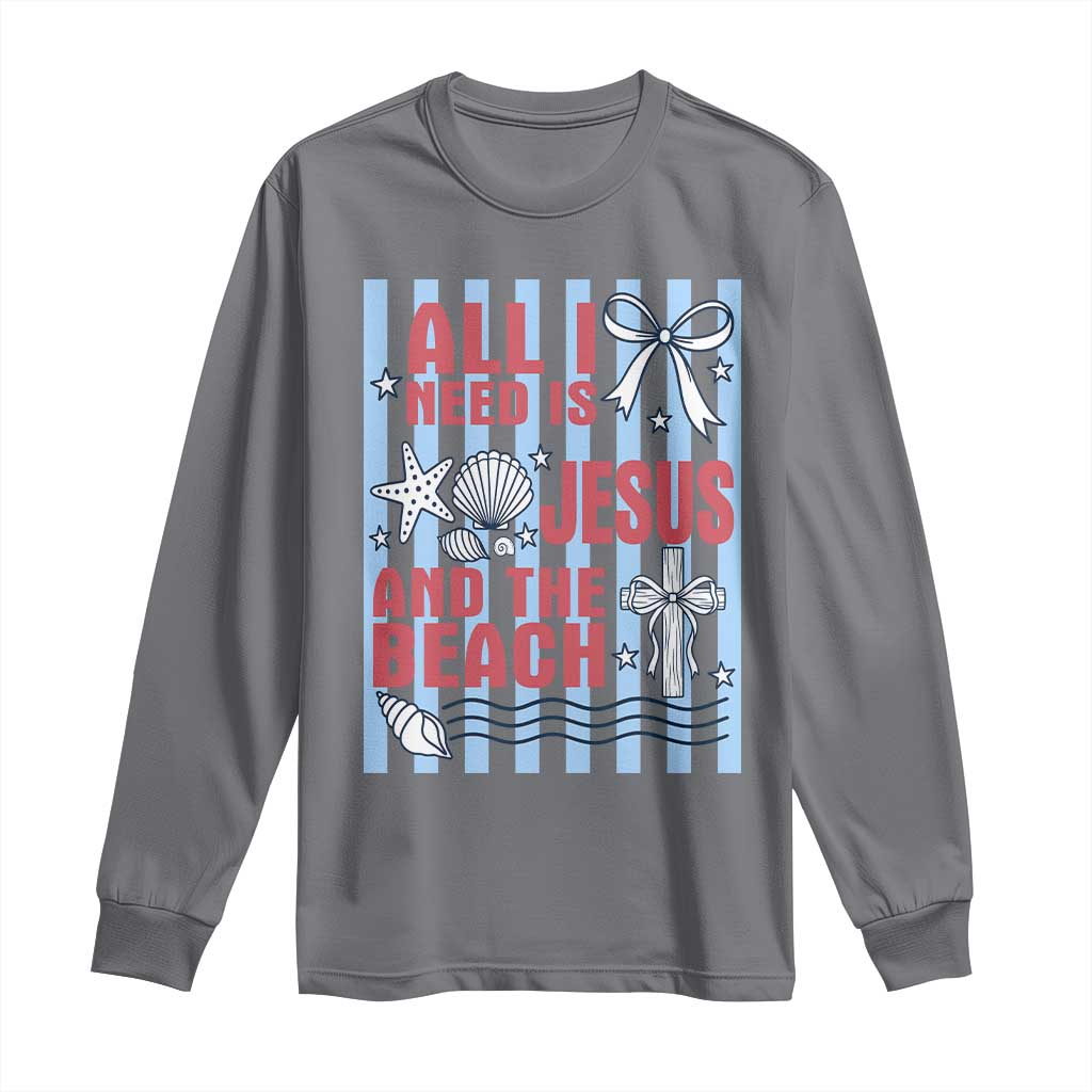 All I Need Is Jesus And The Beach Long Sleeve Shirt Striped Christian Summer Graphic TS12 Charcoal Print Your Wear