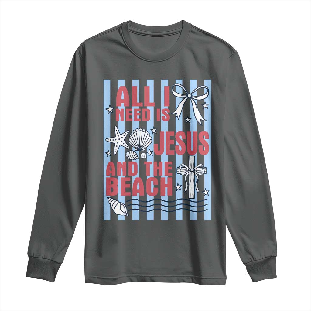All I Need Is Jesus And The Beach Long Sleeve Shirt Striped Christian Summer Graphic TS12 Dark Heather Print Your Wear