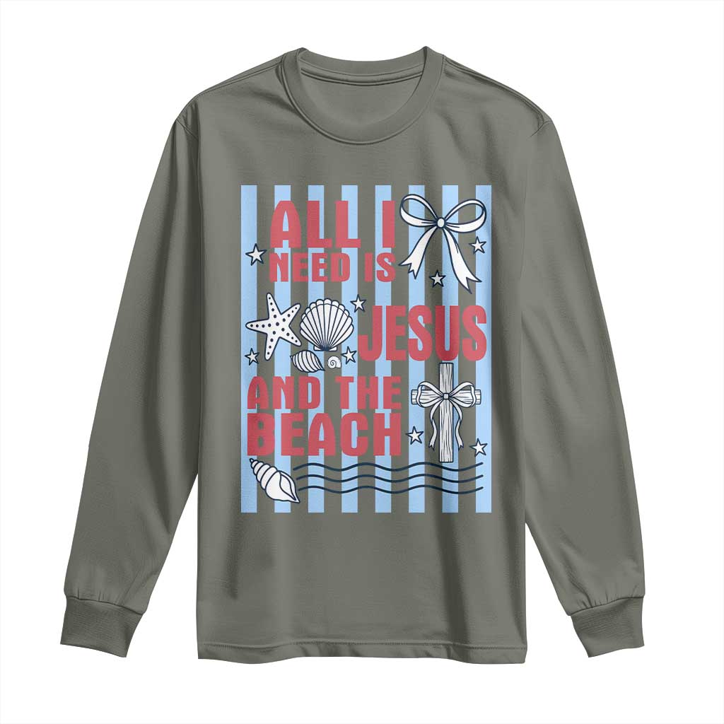 All I Need Is Jesus And The Beach Long Sleeve Shirt Striped Christian Summer Graphic TS12 Military Green Print Your Wear