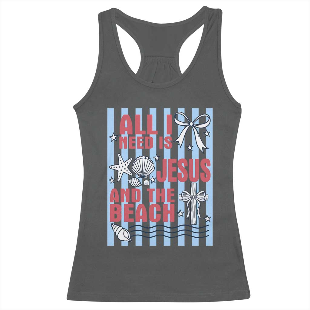 All I Need Is Jesus And The Beach Racerback Tank Top Striped Christian Summer Graphic TS12 Dark Heather Print Your Wear