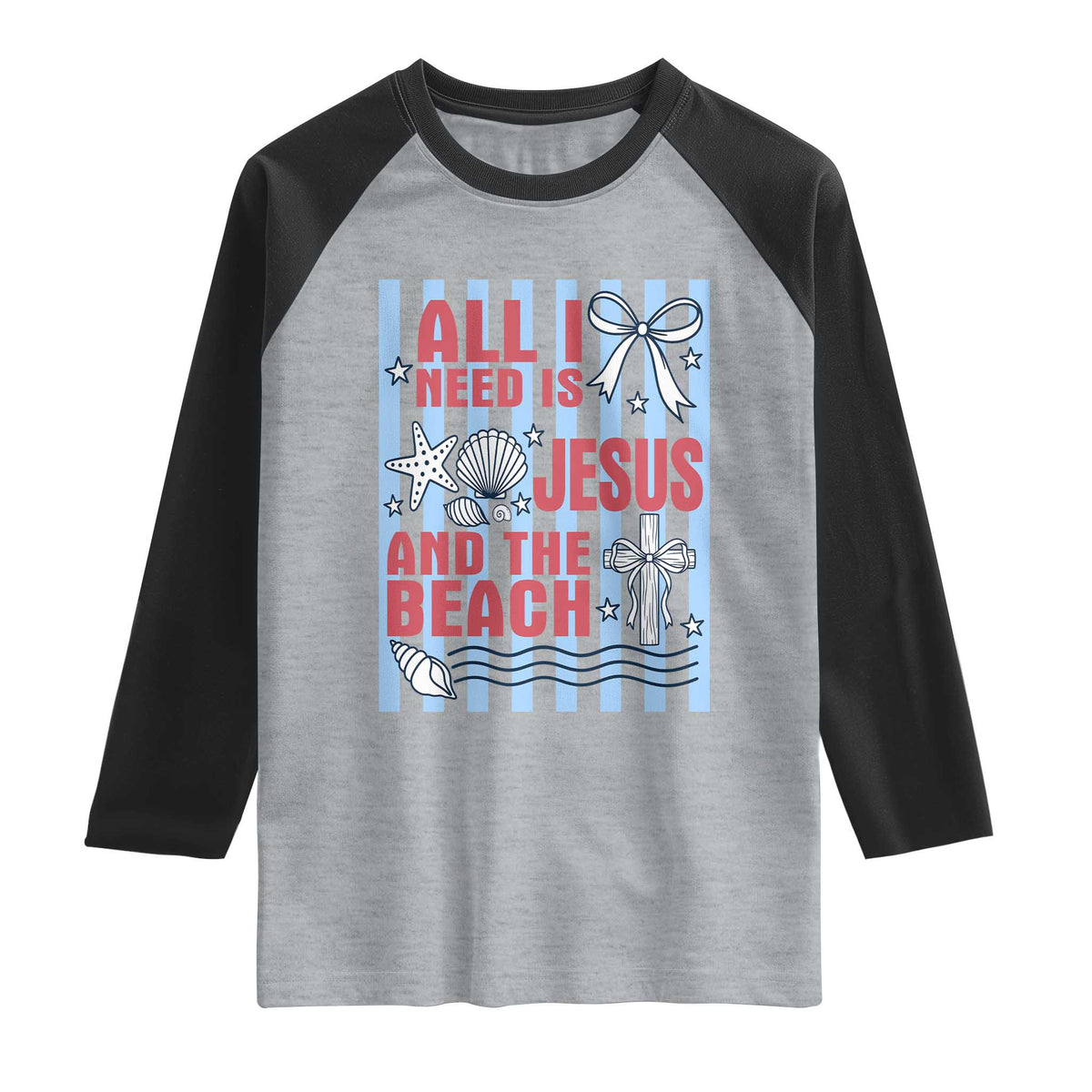 All I Need Is Jesus And The Beach Raglan Shirt Striped Christian Summer Graphic TS12 Heather Gray Black Print Your Wear