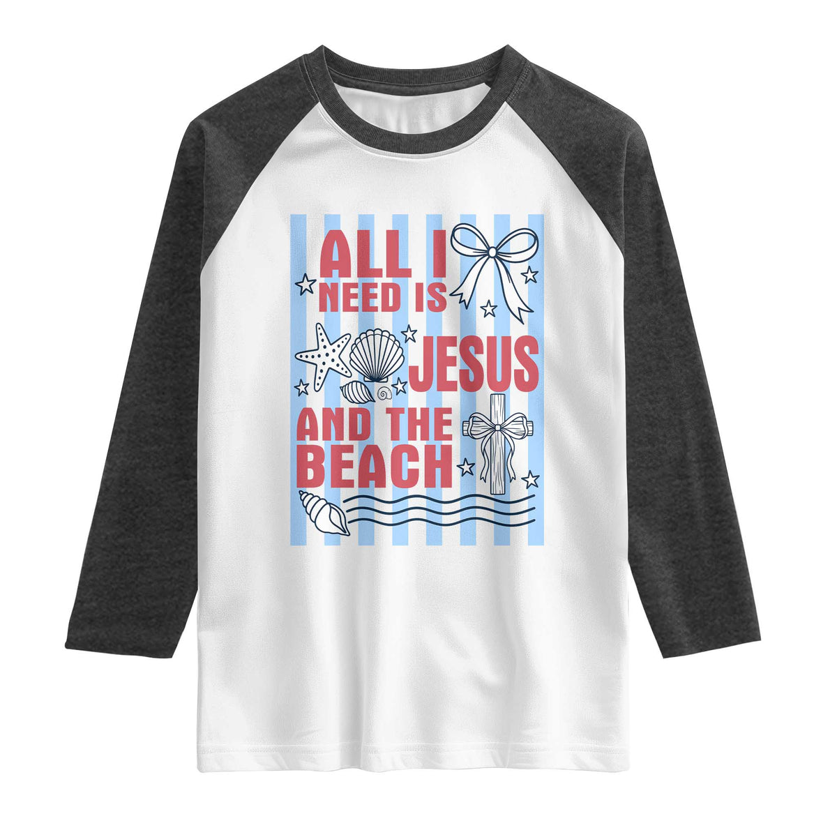 All I Need Is Jesus And The Beach Raglan Shirt Striped Christian Summer Graphic TS12 White Heather Charcoal Print Your Wear