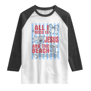 All I Need Is Jesus And The Beach Raglan Shirt Striped Christian Summer Graphic TS12 White Heather Charcoal Print Your Wear