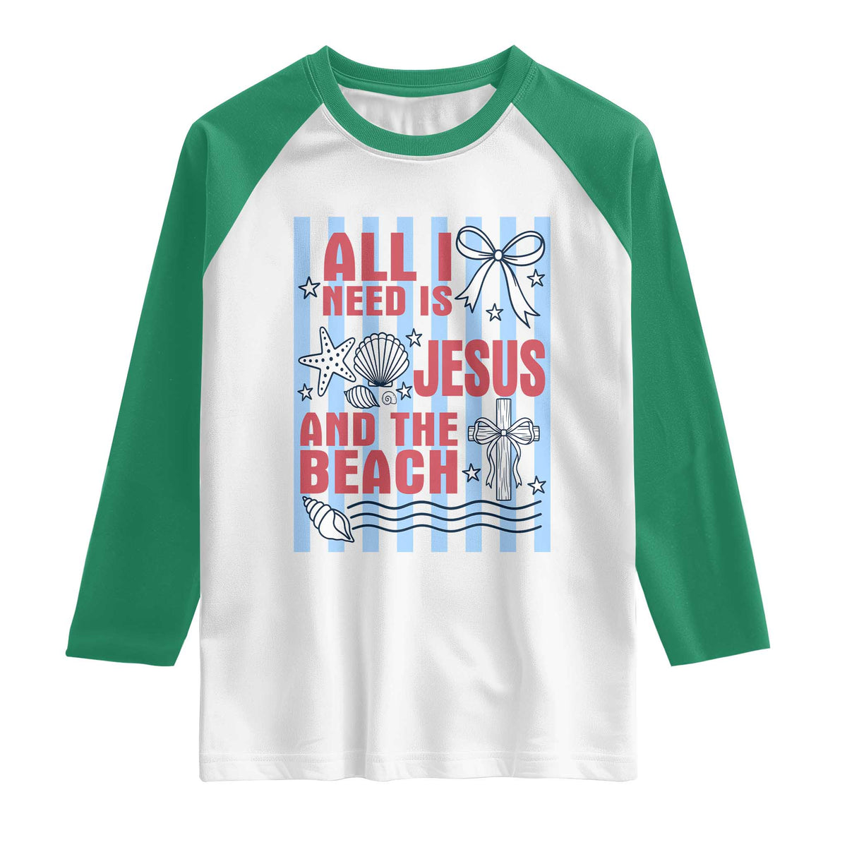 All I Need Is Jesus And The Beach Raglan Shirt Striped Christian Summer Graphic TS12 White Kelly Green Print Your Wear