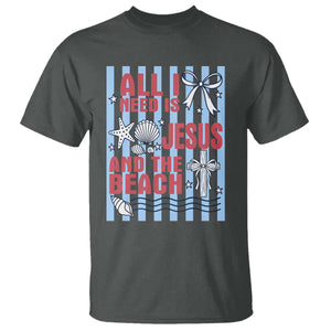 All I Need Is Jesus And The Beach T Shirt Striped Christian Summer Graphic TS12 Dark Heather Print Your Wear