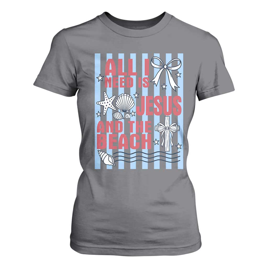 All I Need Is Jesus And The Beach T Shirt For Women Striped Christian Summer Graphic TS12 Charcoal Print Your Wear