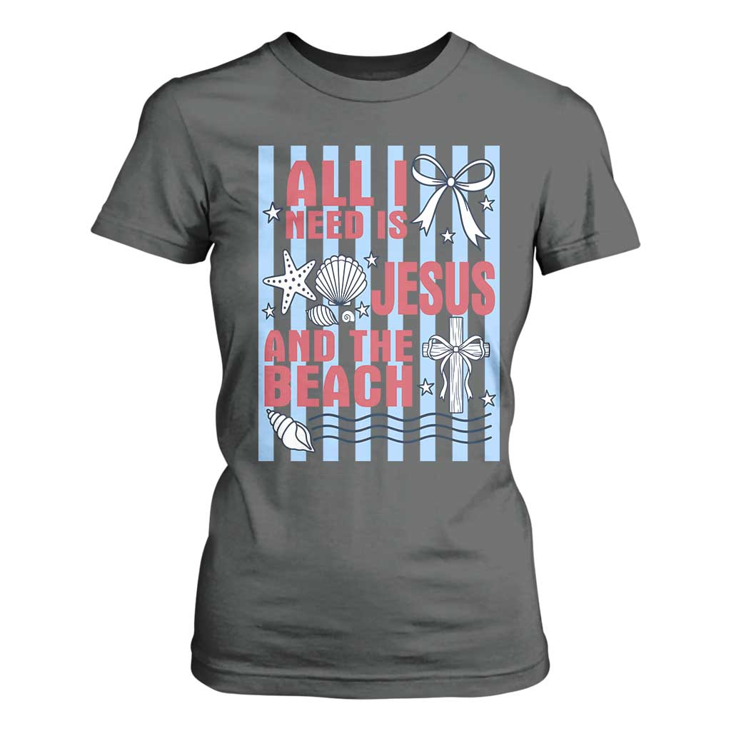 All I Need Is Jesus And The Beach T Shirt For Women Striped Christian Summer Graphic TS12 Dark Heather Print Your Wear