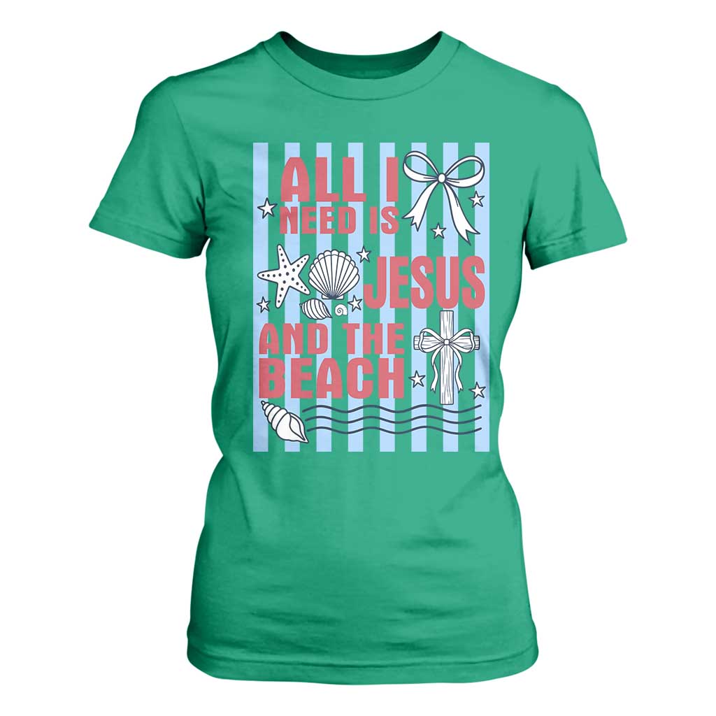All I Need Is Jesus And The Beach T Shirt For Women Striped Christian Summer Graphic TS12 Irish Green Print Your Wear