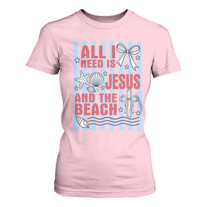 All I Need Is Jesus And The Beach T Shirt For Women Striped Christian Summer Graphic TS12 Light Pink Print Your Wear