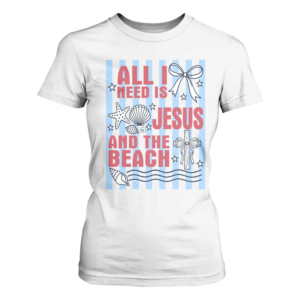 All I Need Is Jesus And The Beach T Shirt For Women Striped Christian Summer Graphic TS12 White Print Your Wear