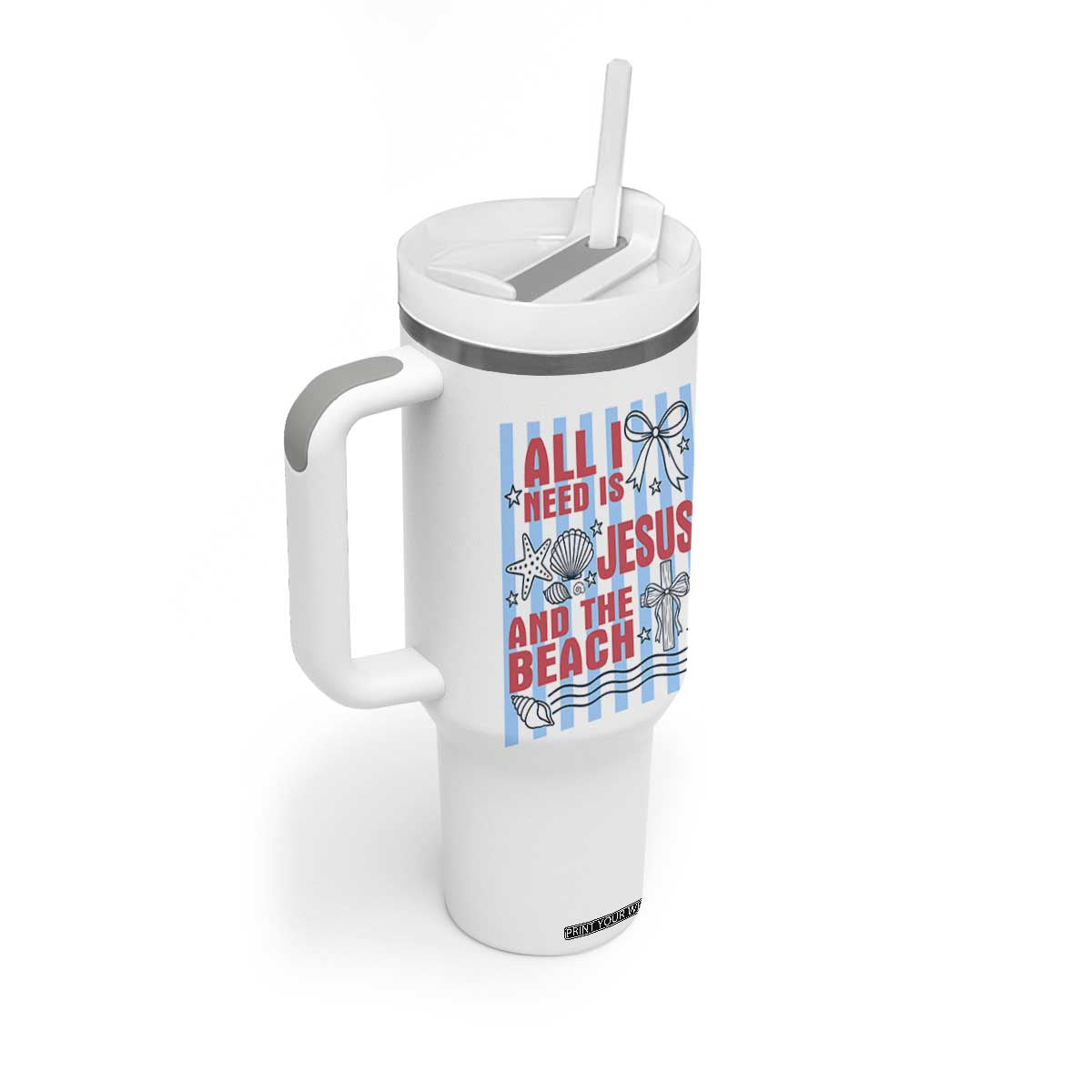 All I Need Is Jesus And The Beach Tumbler With Handle Striped Christian Summer Graphic TS12 Print Your Wear