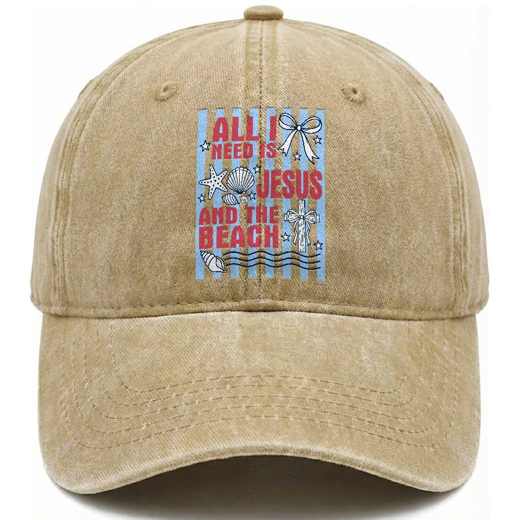 All I Need Is Jesus And The Beach Washed Cotton Baseball Cap Striped Christian Summer Graphic TS12 Print Your Wear