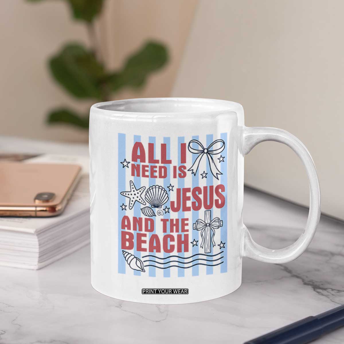 All I Need Is Jesus And The Beach Coffee Mug Striped Christian Summer Graphic TS12 Print Your Wear