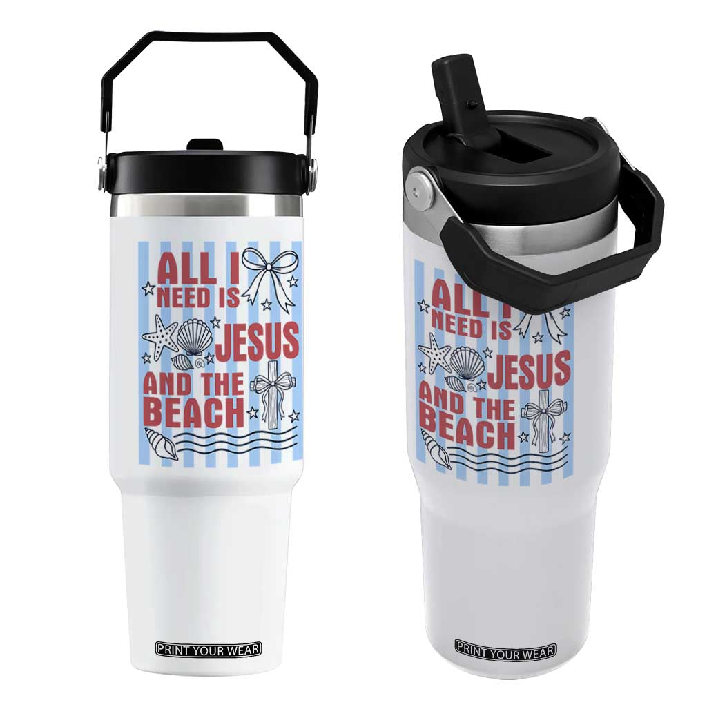 All I Need Is Jesus And The Beach Flip Straw Tumbler Striped Christian Summer Graphic TS12 One Size: 30 oz White Print Your Wear