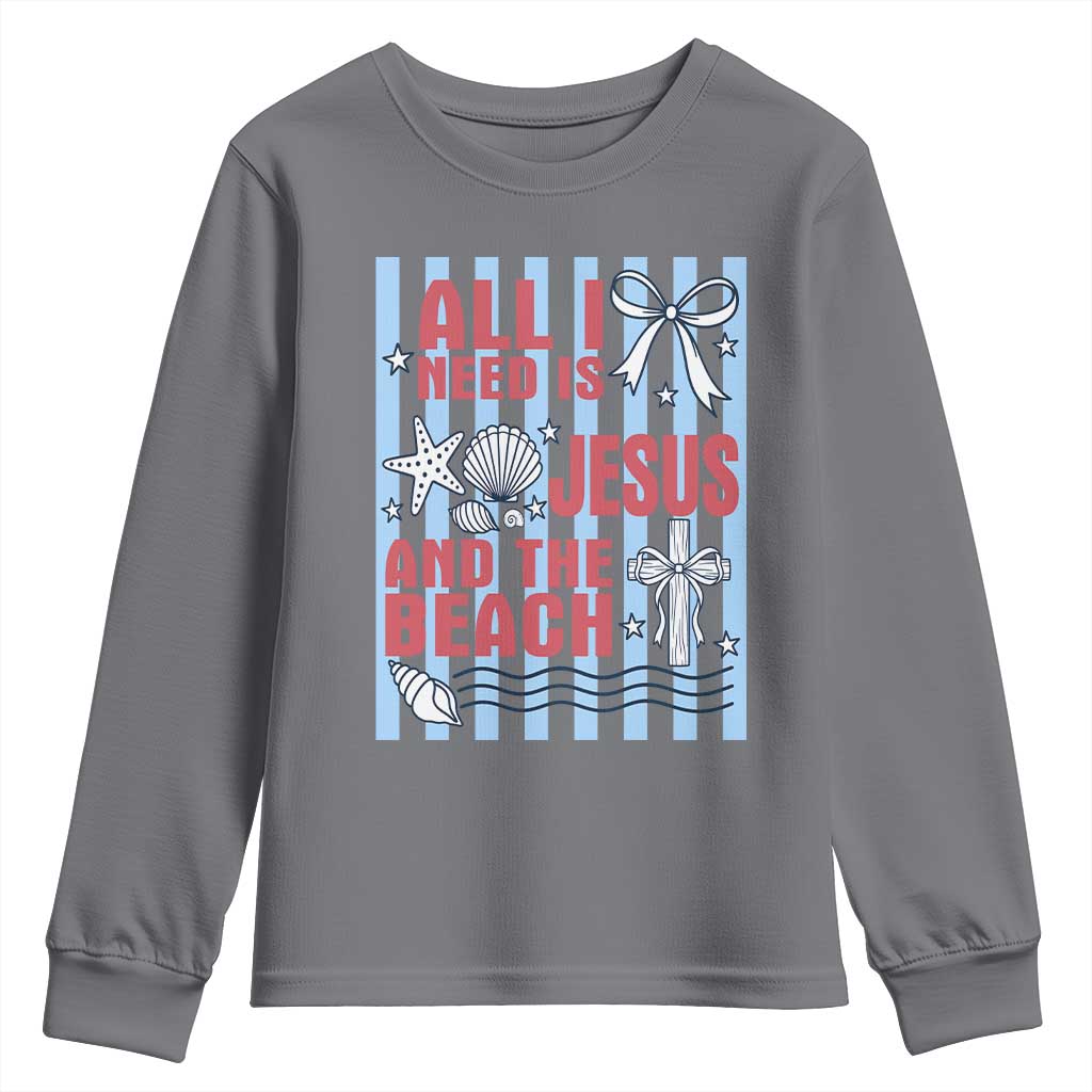 All I Need Is Jesus And The Beach Youth Sweatshirt Striped Christian Summer Graphic TS12 Charcoal Print Your Wear