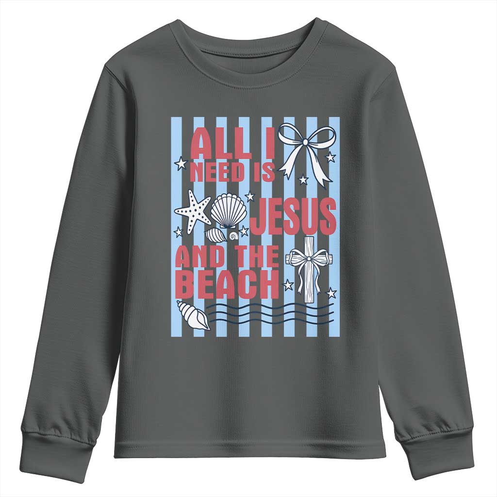 All I Need Is Jesus And The Beach Youth Sweatshirt Striped Christian Summer Graphic TS12 Dark Heather Print Your Wear
