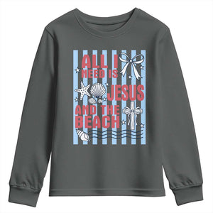 All I Need Is Jesus And The Beach Youth Sweatshirt Striped Christian Summer Graphic TS12 Dark Heather Print Your Wear