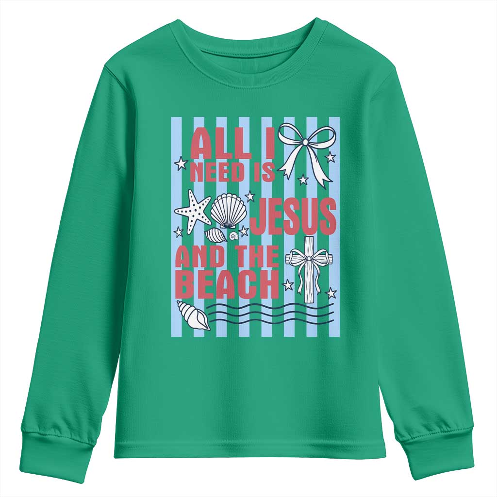 All I Need Is Jesus And The Beach Youth Sweatshirt Striped Christian Summer Graphic TS12 Irish Green Print Your Wear