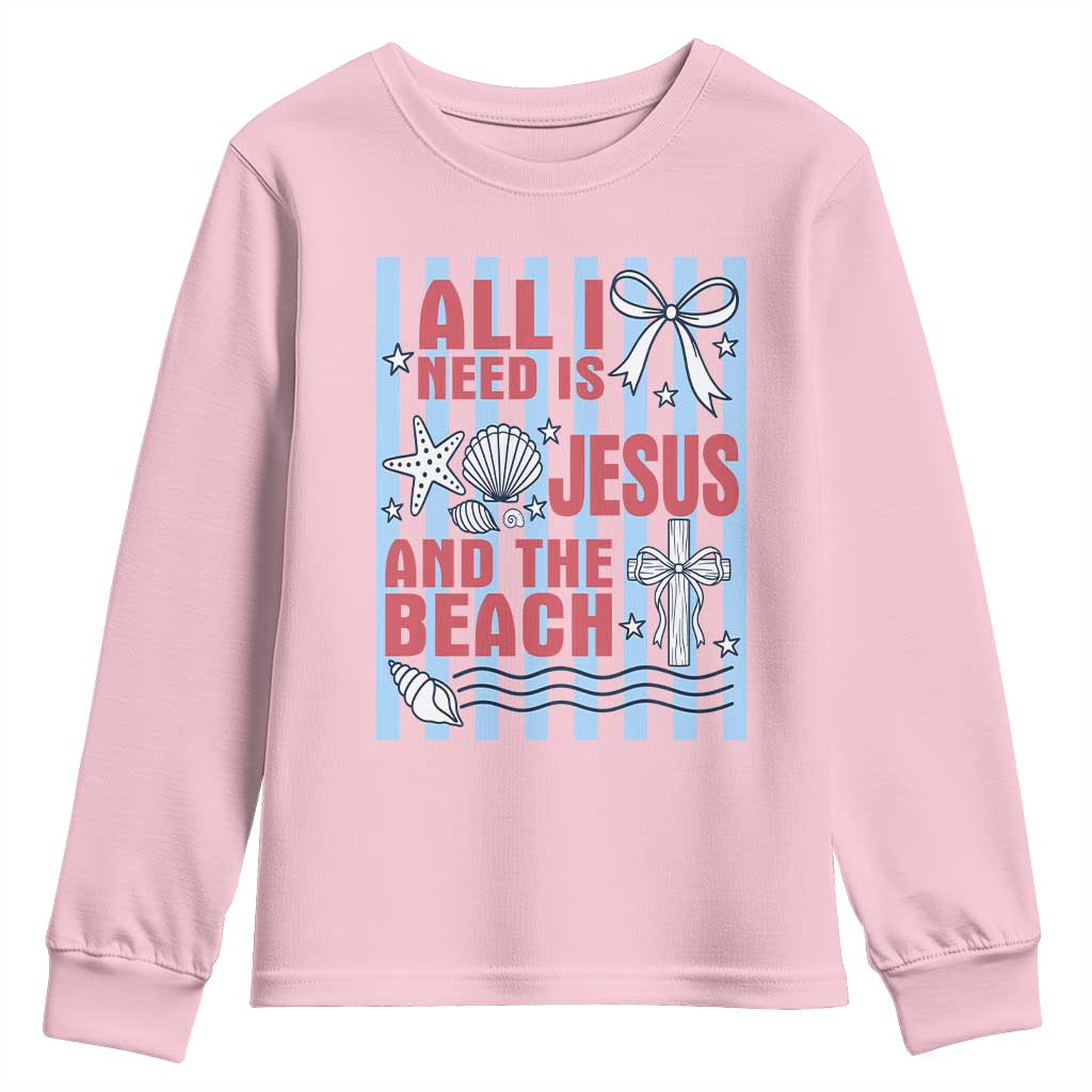 All I Need Is Jesus And The Beach Youth Sweatshirt Striped Christian Summer Graphic TS12 Light Pink Print Your Wear