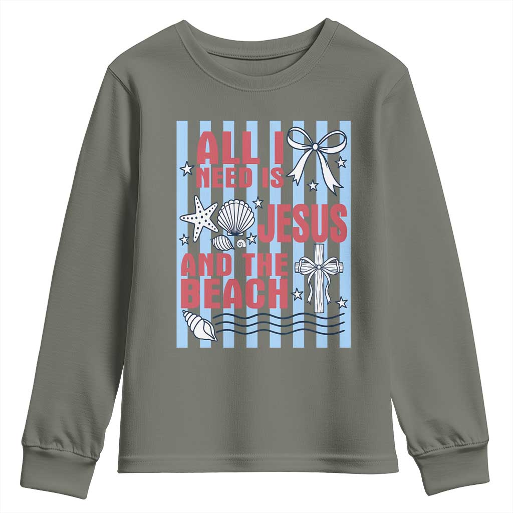 All I Need Is Jesus And The Beach Youth Sweatshirt Striped Christian Summer Graphic TS12 Military Green Print Your Wear