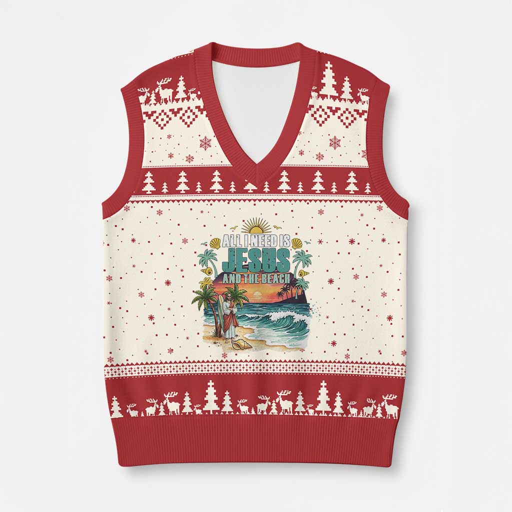 All I Need Is Jesus And The Beach V-Neck Knit Sweater Vest Christian Summer Faith Graphic TS12 Beige Red Print Your Wear
