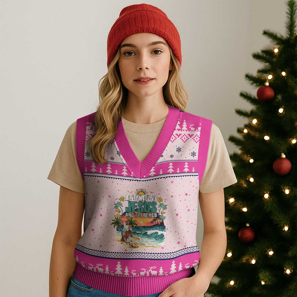 All I Need Is Jesus And The Beach V-Neck Knit Sweater Vest Christian Summer Faith Graphic TS12 Hot Pink Print Your Wear