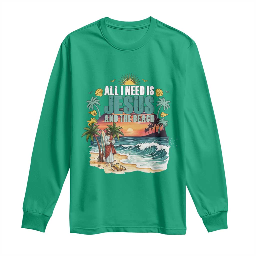 All I Need Is Jesus And The Beach Long Sleeve Shirt Christian Summer Faith Graphic TS12 Irish Green Print Your Wear