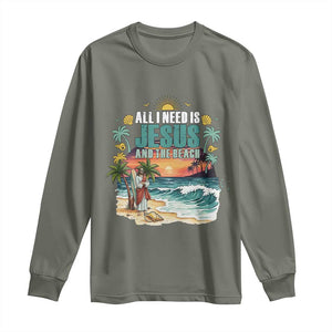All I Need Is Jesus And The Beach Long Sleeve Shirt Christian Summer Faith Graphic TS12 Military Green Print Your Wear