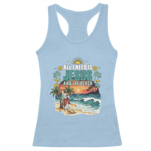 All I Need Is Jesus And The Beach Racerback Tank Top Christian Summer Faith Graphic TS12 Light Blue Print Your Wear
