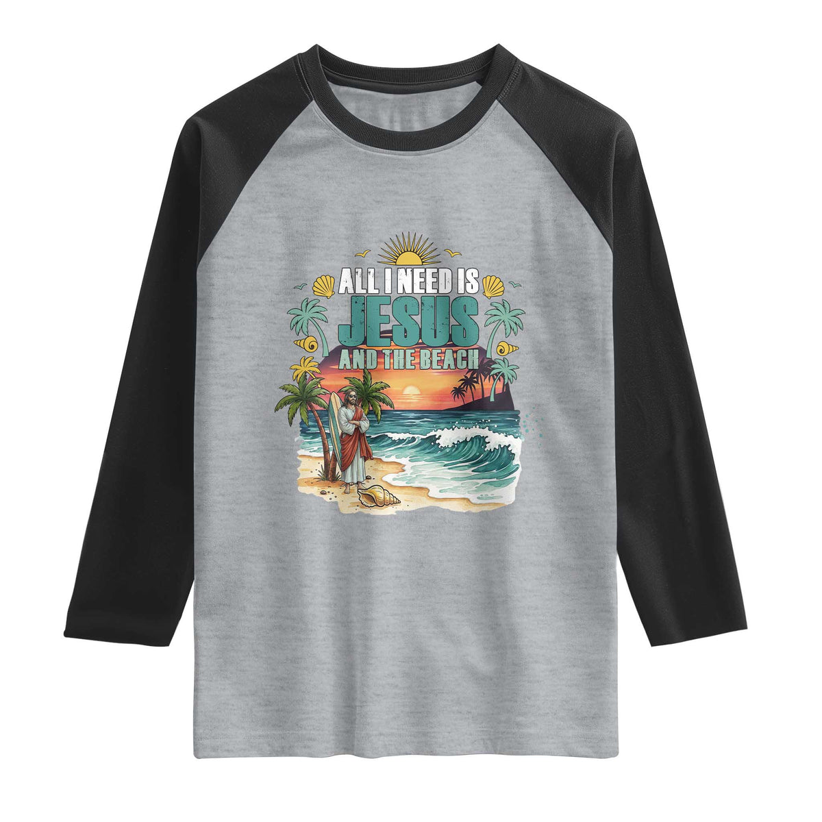 All I Need Is Jesus And The Beach Raglan Shirt Christian Summer Faith Graphic TS12 Heather Gray Black Print Your Wear
