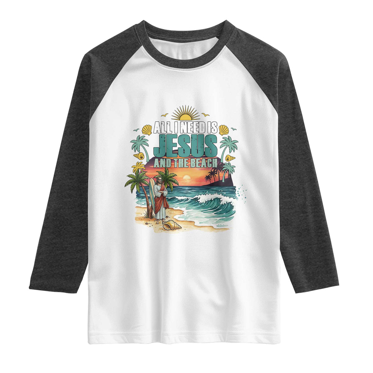 All I Need Is Jesus And The Beach Raglan Shirt Christian Summer Faith Graphic TS12 White Heather Charcoal Print Your Wear