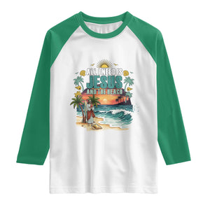 All I Need Is Jesus And The Beach Raglan Shirt Christian Summer Faith Graphic TS12 White Kelly Green Print Your Wear