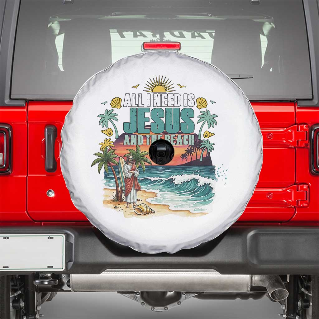 All I Need Is Jesus And The Beach Spare Tire Cover Christian Summer Faith Graphic TS12 White Print Your Wear