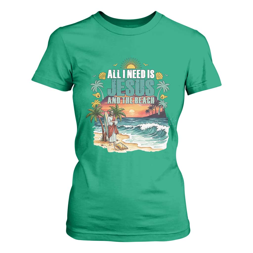 All I Need Is Jesus And The Beach T Shirt For Women Christian Summer Faith Graphic TS12 Irish Green Print Your Wear