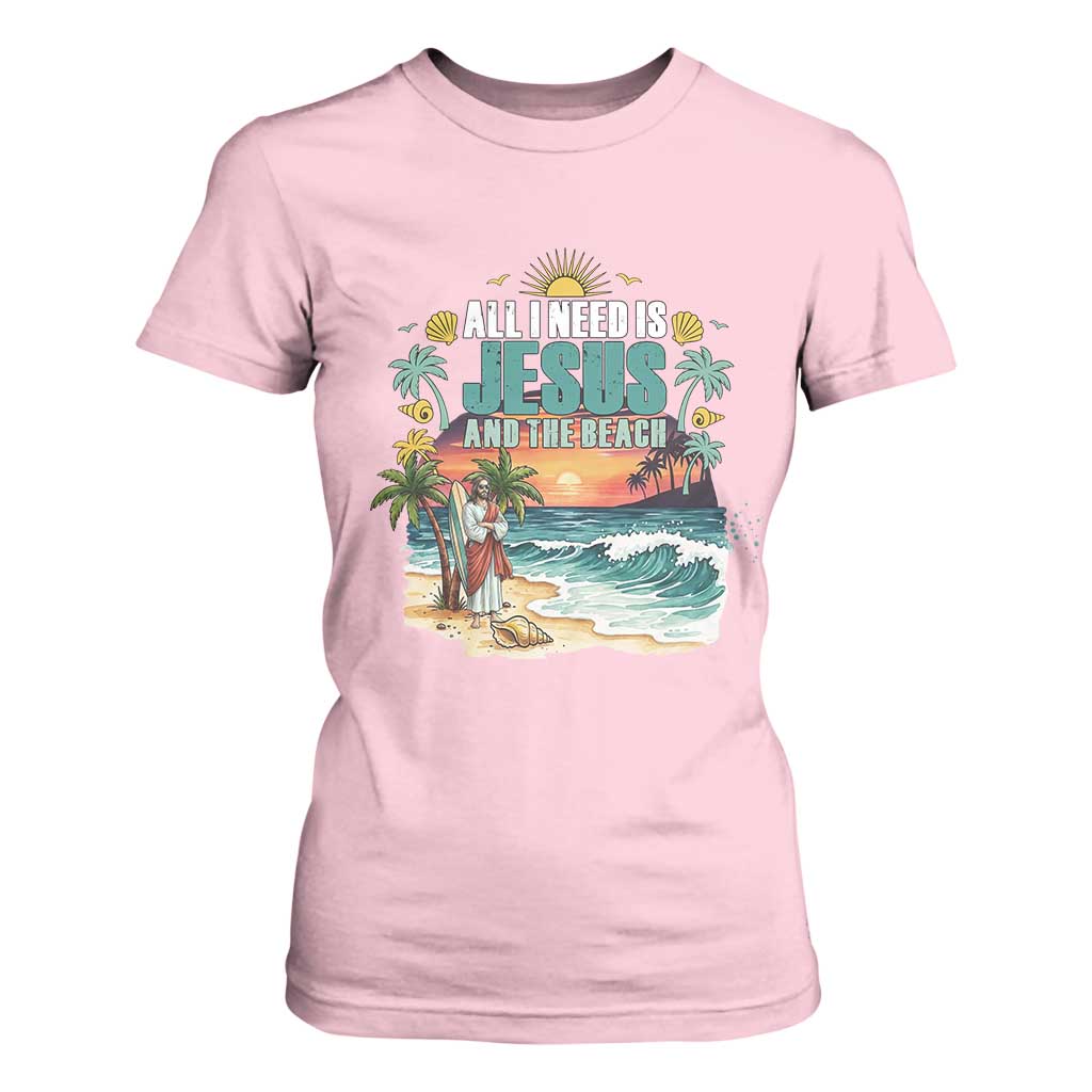 All I Need Is Jesus And The Beach T Shirt For Women Christian Summer Faith Graphic TS12 Light Pink Print Your Wear