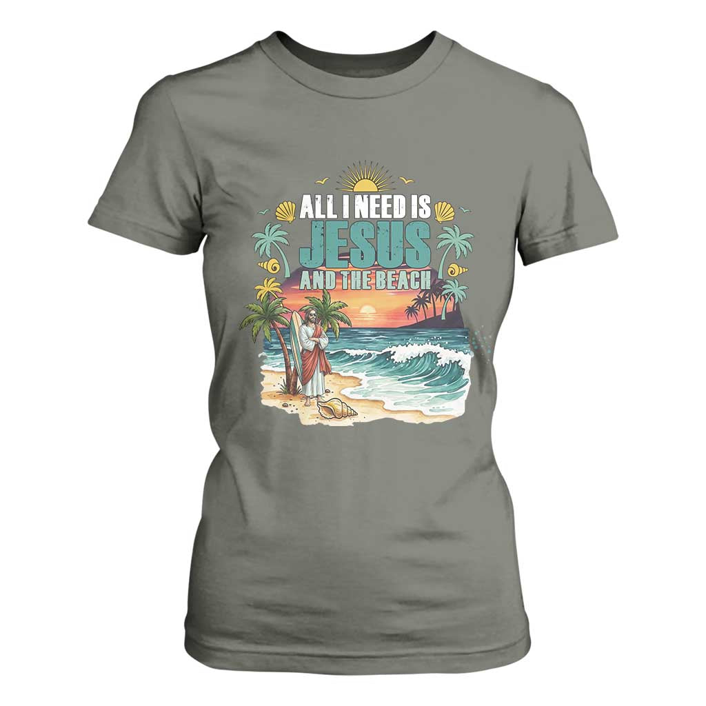 All I Need Is Jesus And The Beach T Shirt For Women Christian Summer Faith Graphic TS12 Military Green Print Your Wear