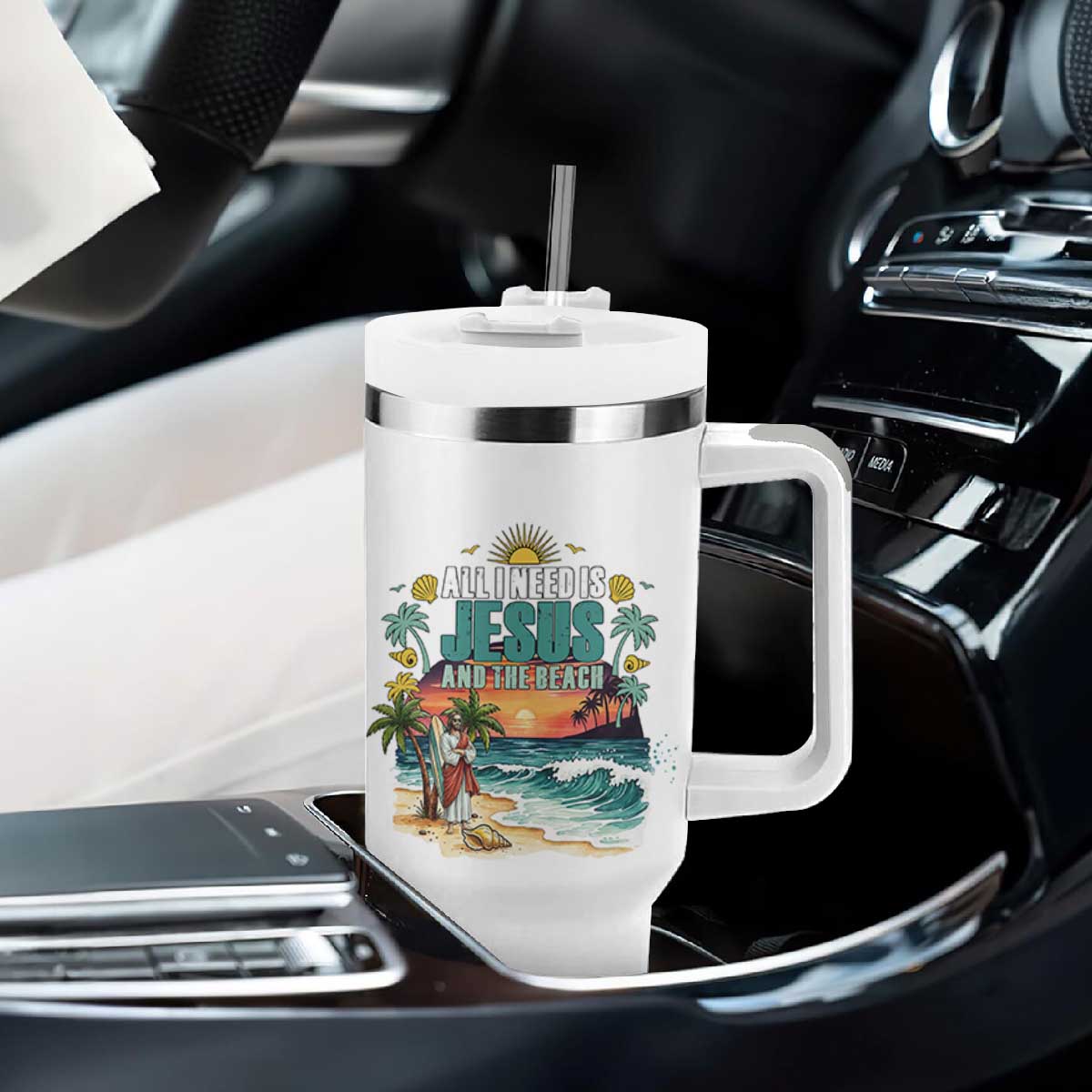 All I Need Is Jesus And The Beach Tumbler With Handle Christian Summer Faith Graphic TS12 Print Your Wear