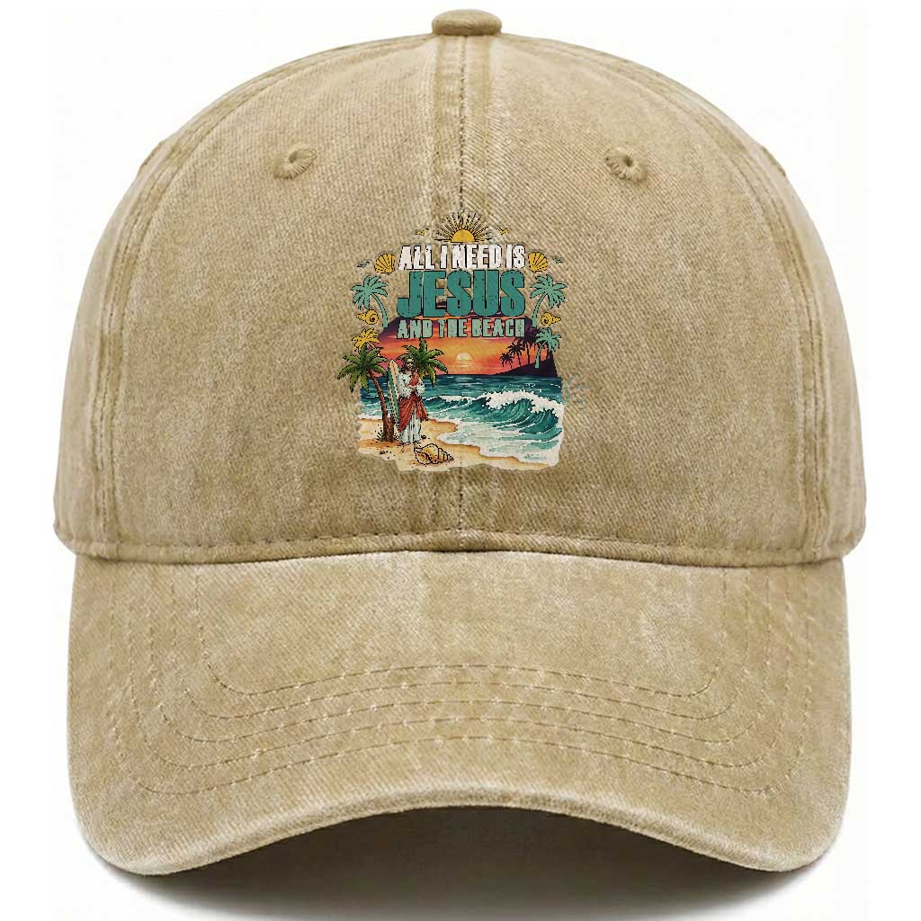 All I Need Is Jesus And The Beach Washed Cotton Baseball Cap Christian Summer Faith Graphic