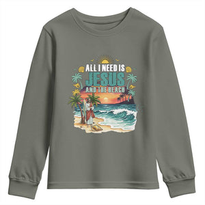 All I Need Is Jesus And The Beach Youth Sweatshirt Christian Summer Faith Graphic TS12 Military Green Print Your Wear