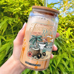 Funny Christian Beach Gift Glass Can All I Need Is Jesus And The Beach TS12 White Print Your Wear