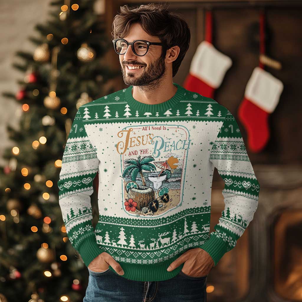 Funny Christian Beach Gift Ugly Christmas Sweater All I Need Is Jesus And The Beach TS12 Beige Green Print Your Wear
