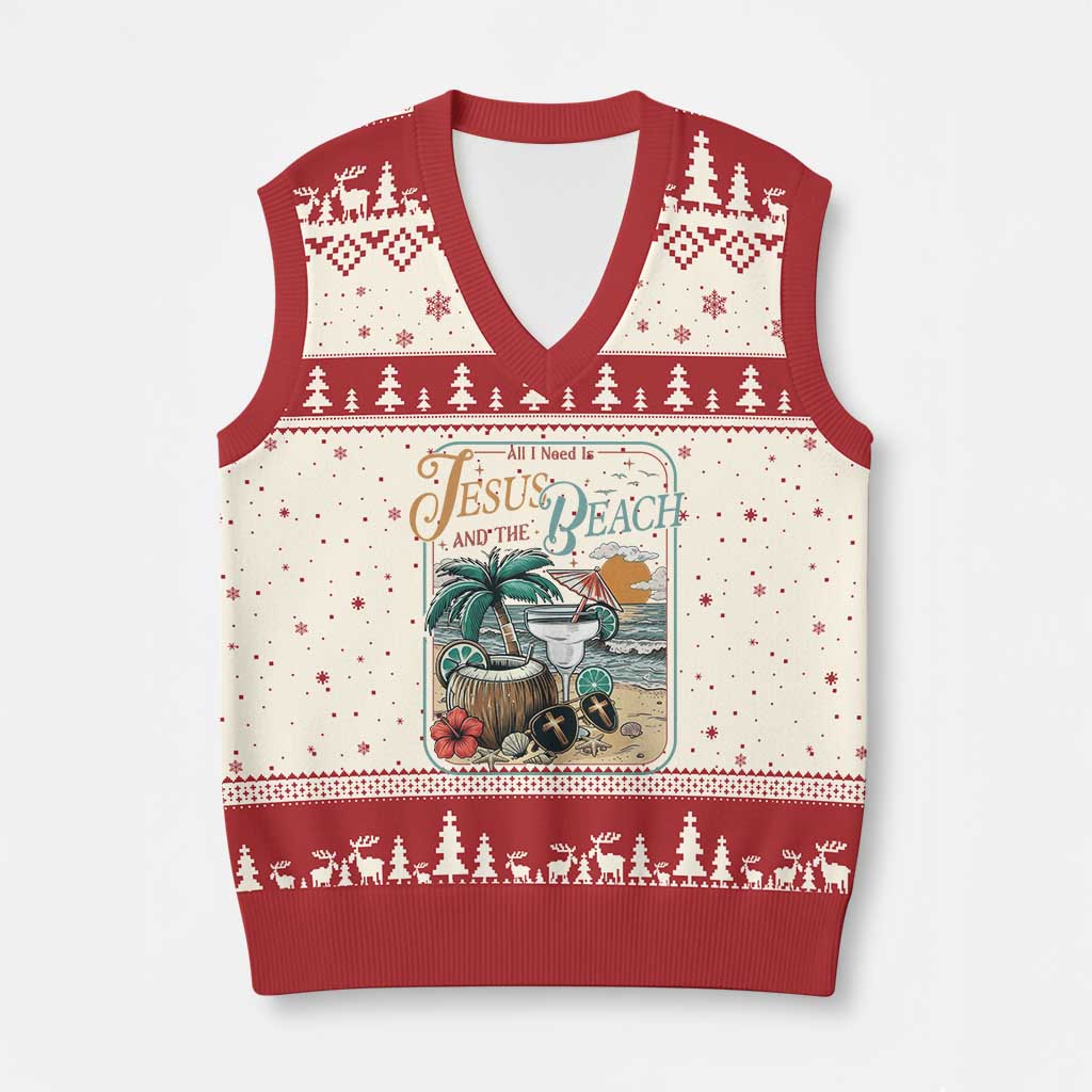 Funny Christian Beach Gift V-Neck Knit Sweater Vest All I Need Is Jesus And The Beach TS12 Beige Red Print Your Wear
