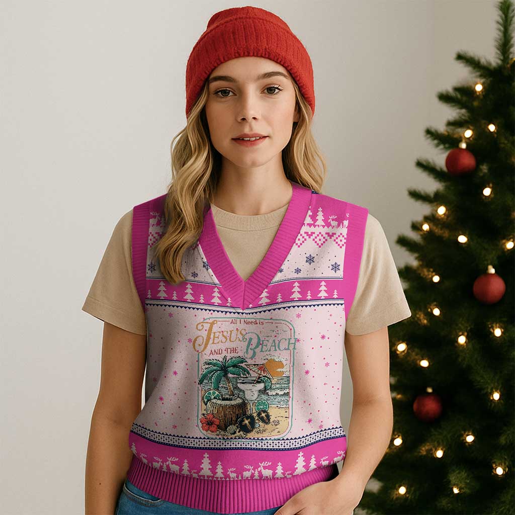 Funny Christian Beach Gift V-Neck Knit Sweater Vest All I Need Is Jesus And The Beach TS12 Hot Pink Print Your Wear