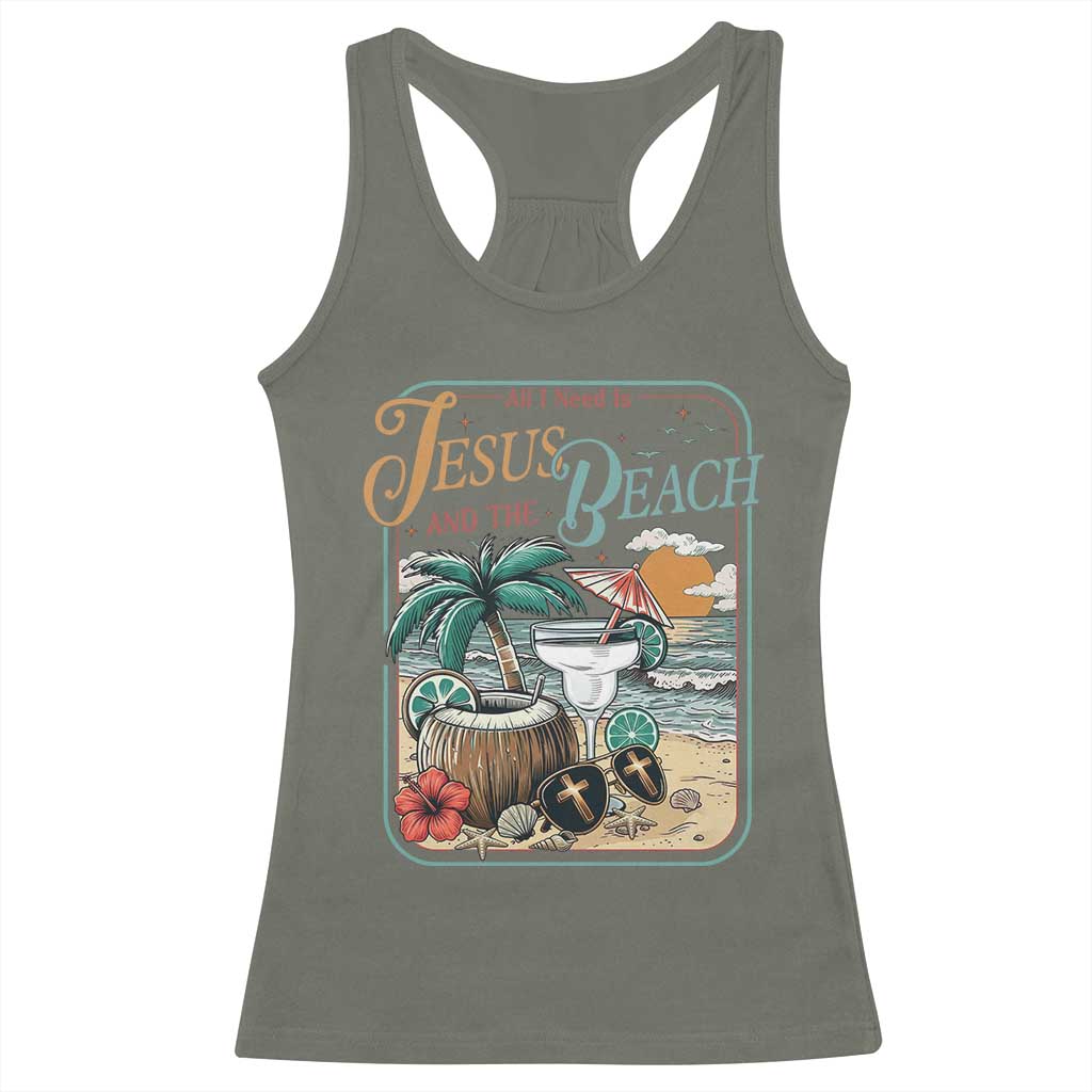 Funny Christian Beach Gift Racerback Tank Top All I Need Is Jesus And The Beach TS12 Military Green Print Your Wear