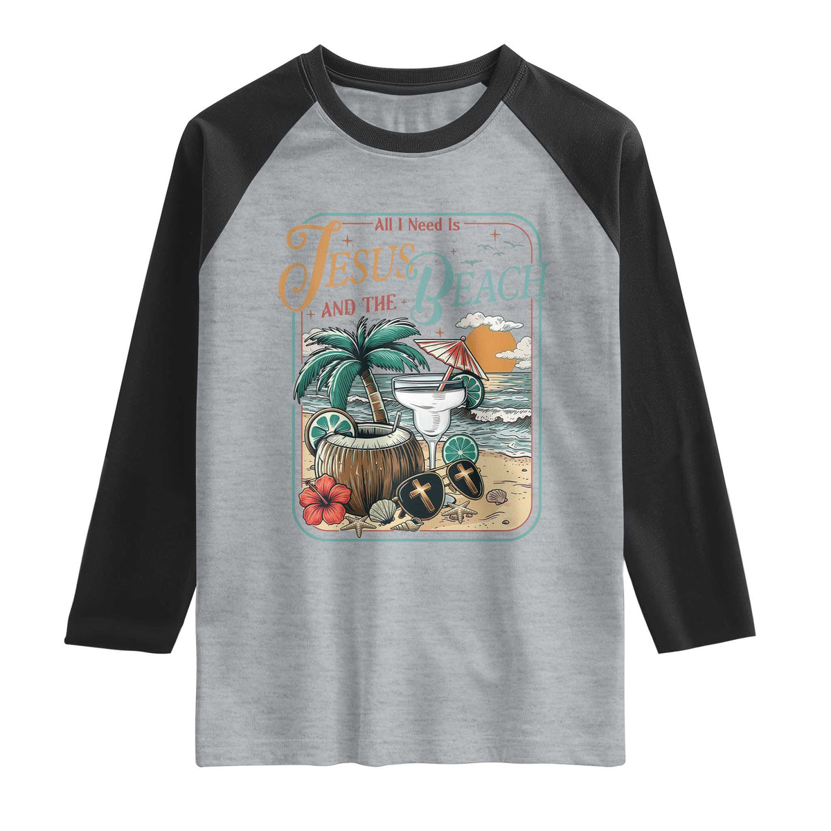 Funny Christian Beach Gift Raglan Shirt All I Need Is Jesus And The Beach TS12 Heather Gray Black Print Your Wear